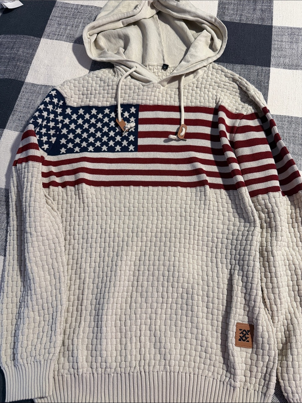 Cream Hooded Knit Pullover with American Flag Accent